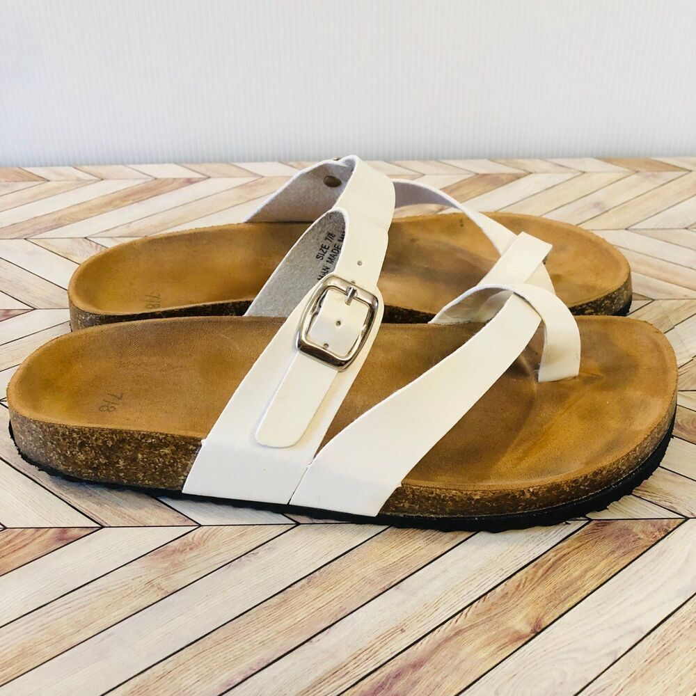 White Brown Toe Loop Strap Buckle Flat Sandals - image 7